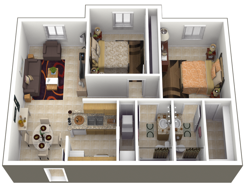 Floor plan for 2 beds, 2 baths, 901 sqft